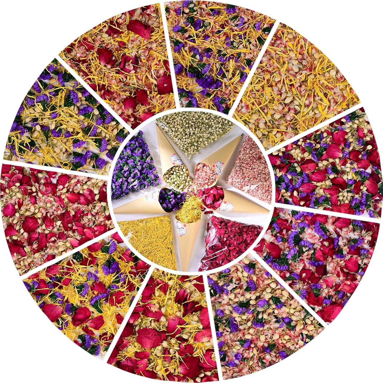 40+ Cups Real Biodegradable Flower Petal Wedding Confetti, 5 QT 5 Kinds Colorful Mixed Petal Confetti with Dried Rose Petal & Jasmine Buds